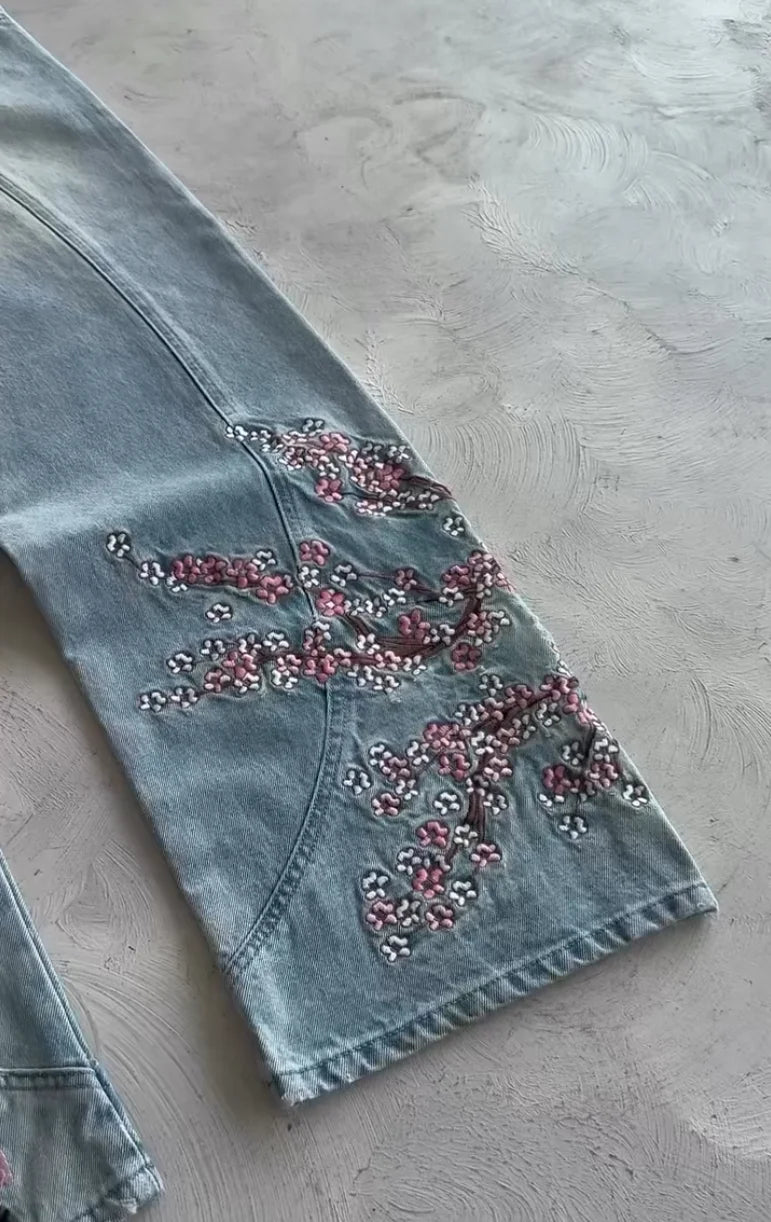 American Fashion Cherry Blossom Knight Embroidered Y2K Jeans