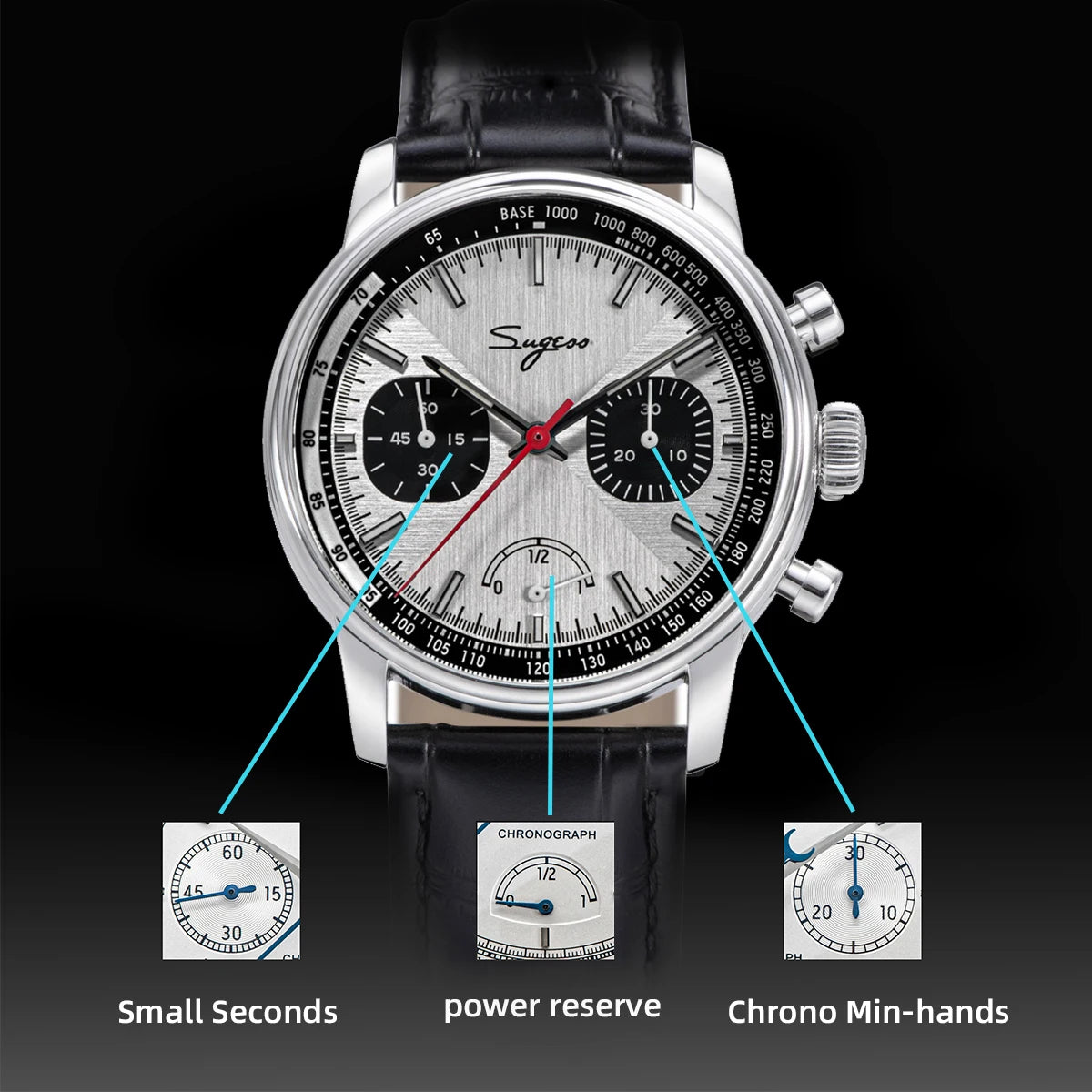 Sugess Pilot Watch Men ST1906 Movement Handwind Chronograph Wristwatches Sapphire Waterproof Hand Wind PowerReserve Luminous V2