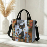 Abstract Geometric Floral Black Cat Art Print Tote Bag Detachable Strap Crossbody Handbag For Women Daily Shopping