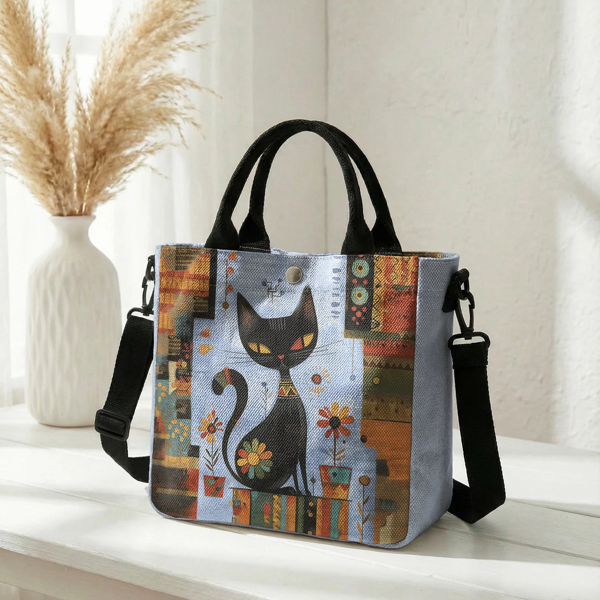 Abstract Geometric Floral Black Cat Art Print Tote Bag Detachable Strap Crossbody Handbag For Women Daily Shopping