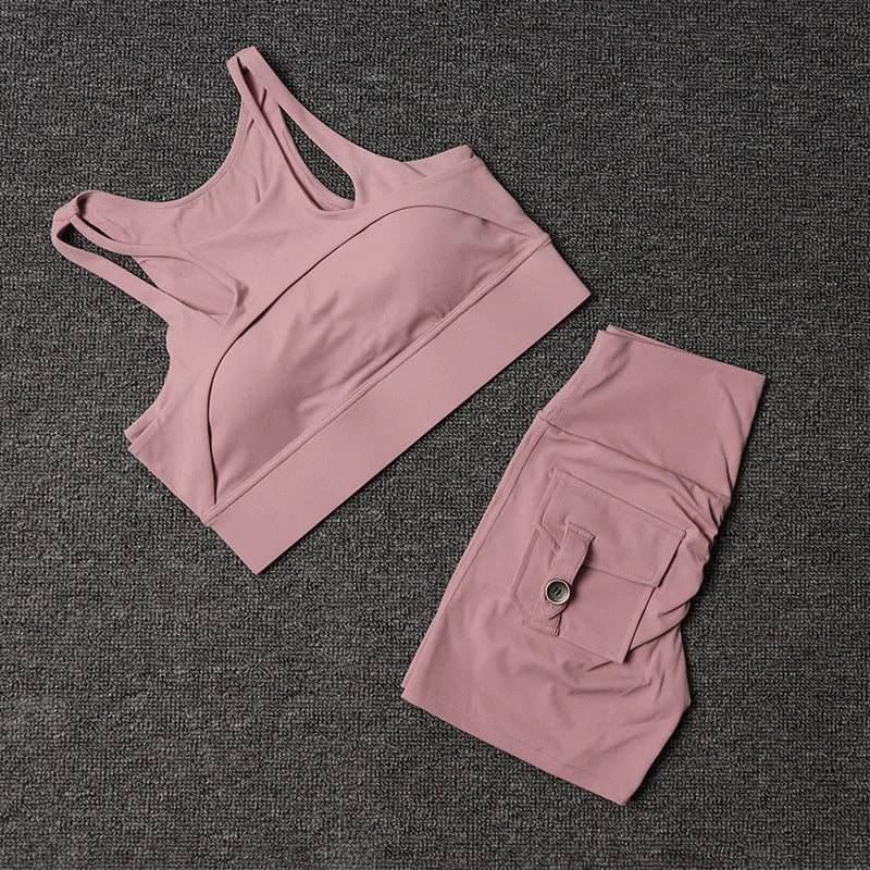 Fitness Shorts Yoga Sets Women's Tracksuit High Waist Sportswear Bra Workout Leggings Cycling Gym Shorts Sports Suit With Pocket