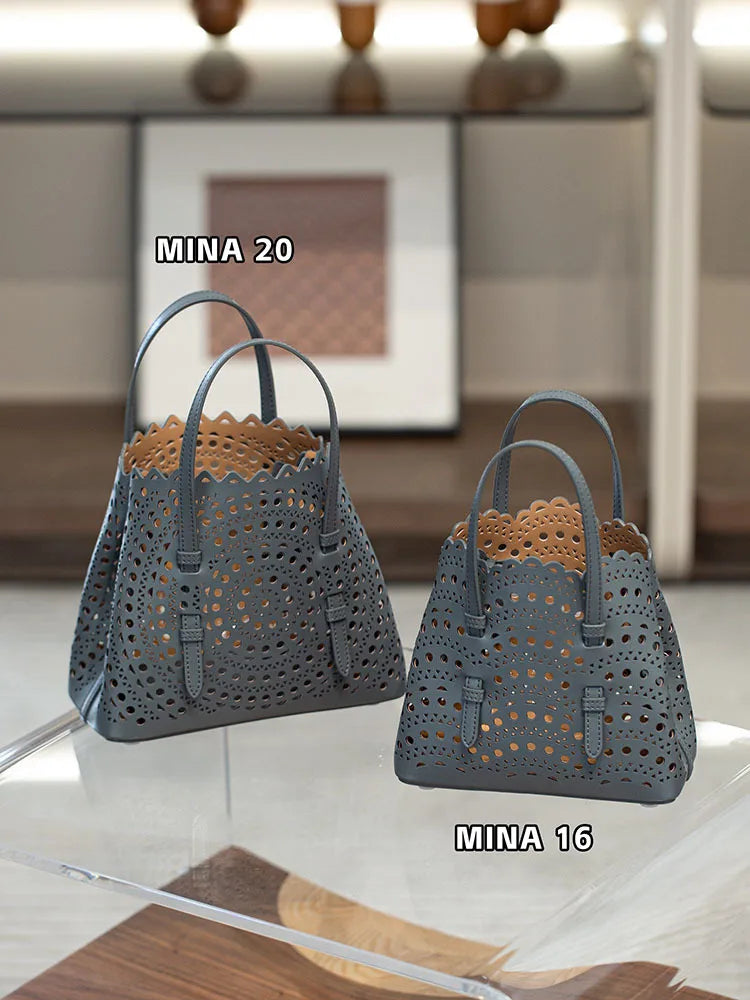 New Tote Bag French Cowhide Handmade Bag Niche Laser Engraved Hollow Leather Vegetable Basket Bag Casual Versatile Temperament