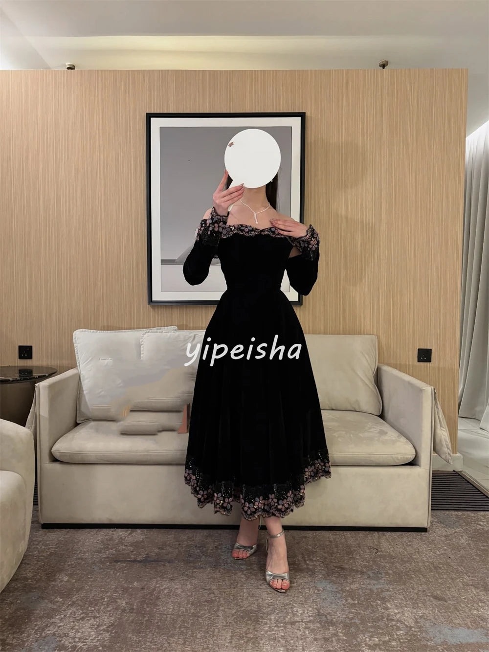Off-Shoulder Floral Beaded A-Line Midi Dress