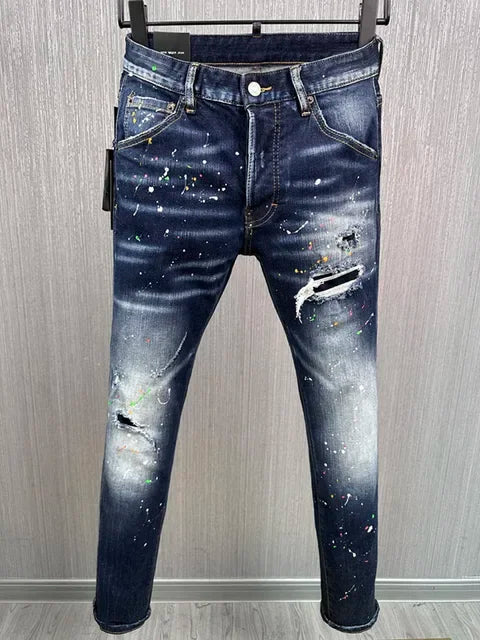ICON BRAND D2 Men Jeans Denim Pants Hole Slim Pencil Trousers Metal Buttons Party Classics Fashionable Black DSQ2 JENAS