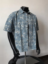 2025 Summer New Floral Short Sleeve Men's Denim Shirt Thin American Retro Layered Wear Outerwear Jacket Breathable Polyester