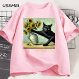 Van Gogh's Cat Art Print T Shirt Funny Graphci T Shirts Cotton Trendy Summer Loose Short Sleeved T-shirt Men Women Harajuku Top