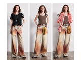 TOYOUTH Women Jeans 2026 Spring New Wilderness Wasteland Style Mid Low Waist Loose Printed Wide Leg Pants