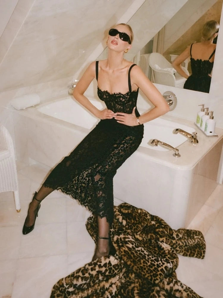 Elegant V-Neck Lace Maxi Dress