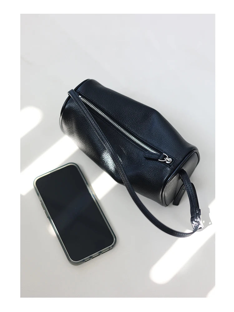 Full Grain Leather Soft Balck Small Size Crossbody Bags For Women Luxury Adjustable Shoulder Strap Underarm Bag Portable Handbag