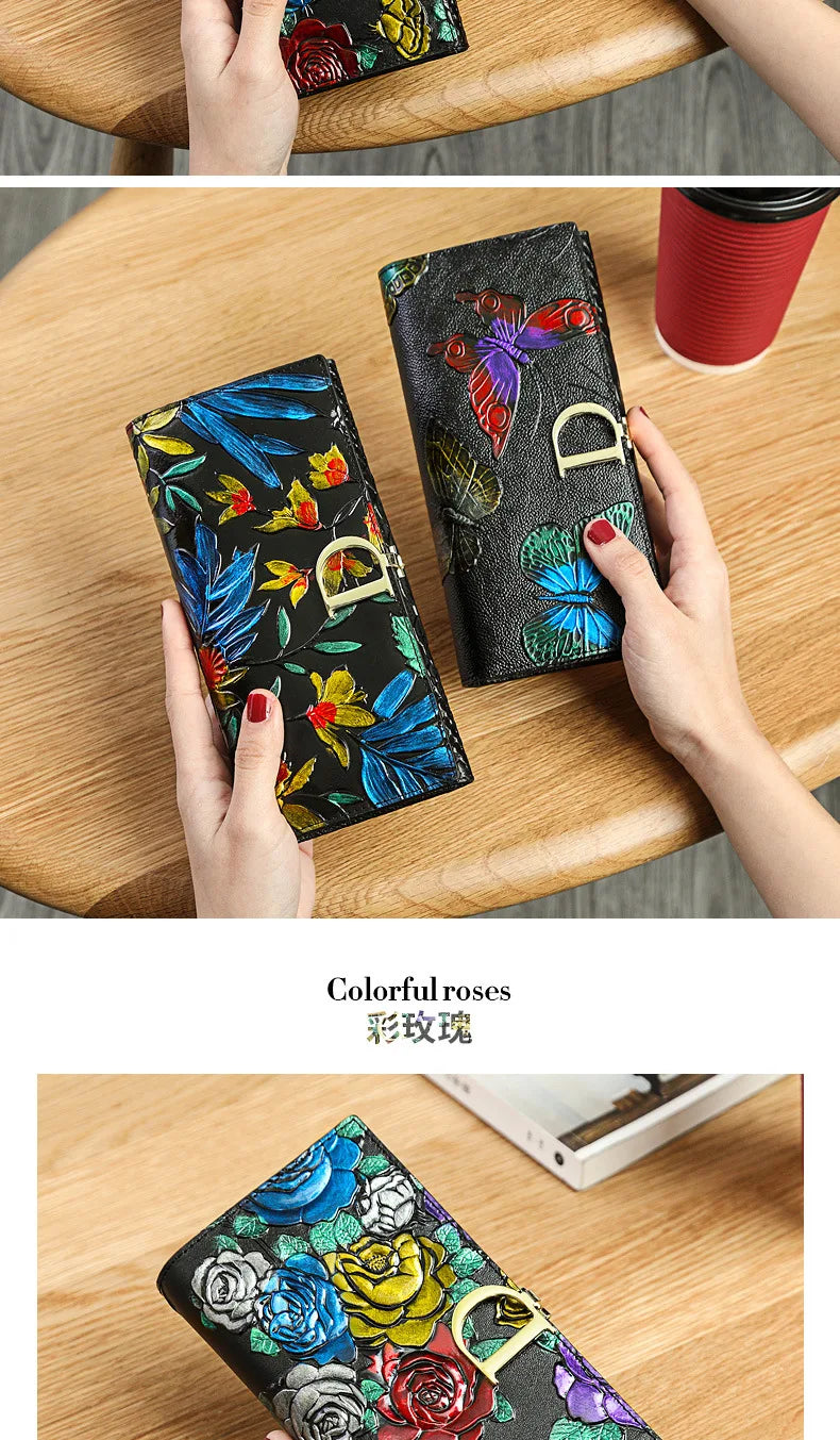 Genuine Leather Purse Wallet Female 3d Embossing Ladies Personality Retro Long Clutch Wallet Women Purse Coin Holders