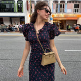 Print Chiffon Long Dress Women V Neck Half Sleeves High Waist Ruffles Belts Split Robe Female 2026 Summer Chic Vacation Dresses