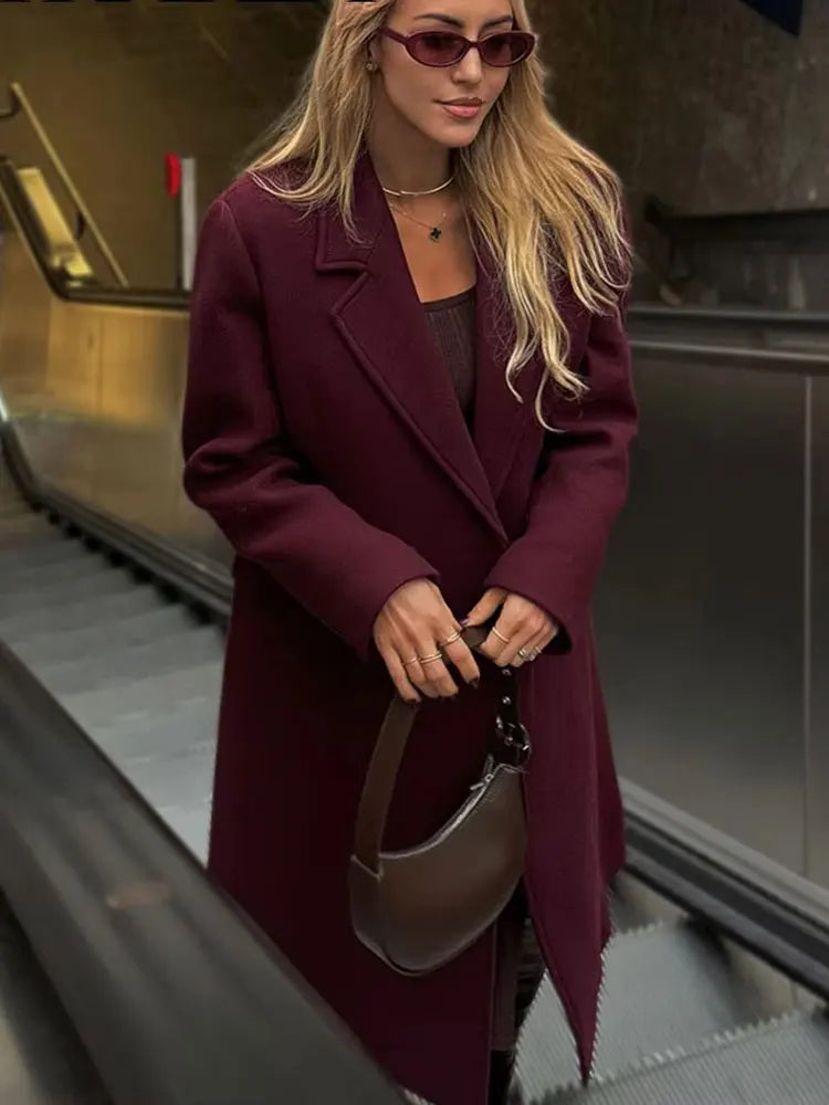 Elegant Burgundy Double-Breasted Long Coat