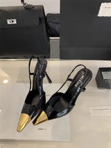 Women's High-heeled Sandals Summer New Metal square Head Patent Leather Black Stiletto Pumps Sexy Party SlingBack Shoes