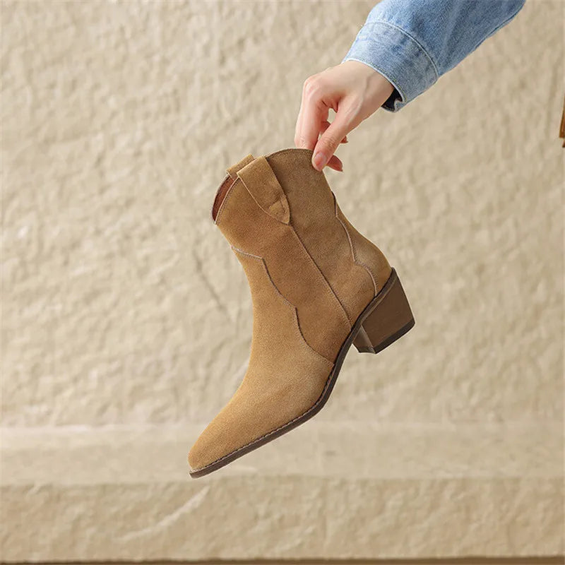 2026 Autumn Cow Suede Women Boots Pointed Toe Chunky Heel Boots for Women Fashion Short Boots Winter Boots Women Western Boots
