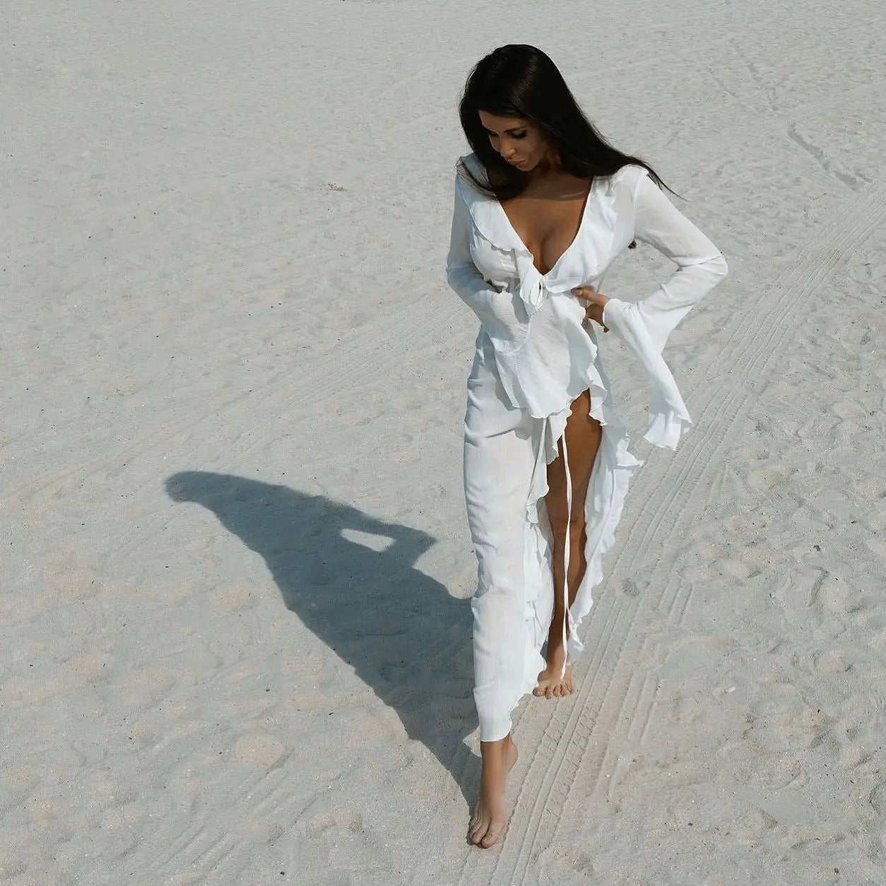 Womens V-Neck Ruffled Chiffon Beach Tunic - Long Sleeve Sunscreen Cover-Up Dress