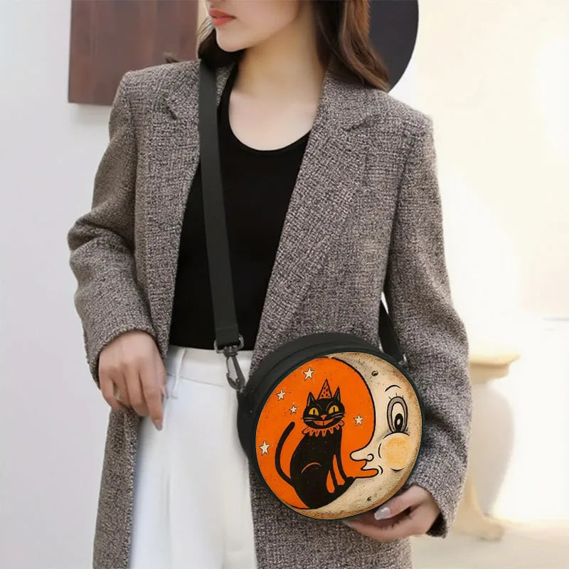 Women Orange White Cat Moon Round Crossbody Bag, Soft Light Zipper Shoulder Bag, Trendy Handbag for Work Shopping Travel