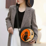 Women Orange White Cat Moon Round Crossbody Bag, Soft Light Zipper Shoulder Bag, Trendy Handbag for Work Shopping Travel