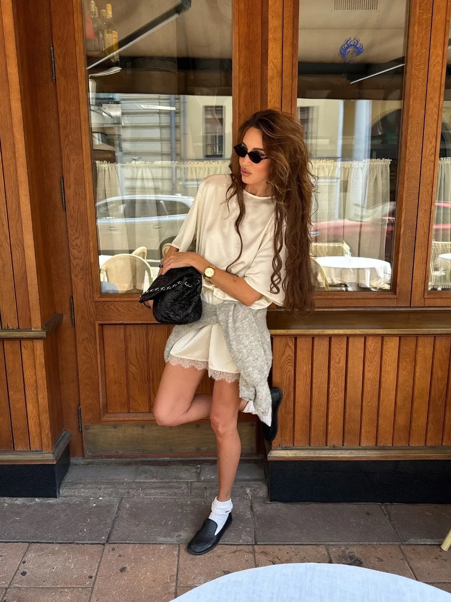 Hirsionsan Loose Sets Women Two Pieces Short Tops & Lace Patchwork Shorts Elegant Female High Quality Outfits Soft Tracksuit