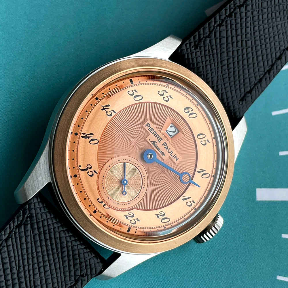 Pierre Paulin Jumping Hour Watch for Men Bronze Ring Vintage Salmon Dial Automatic Watches Reloj Hombre