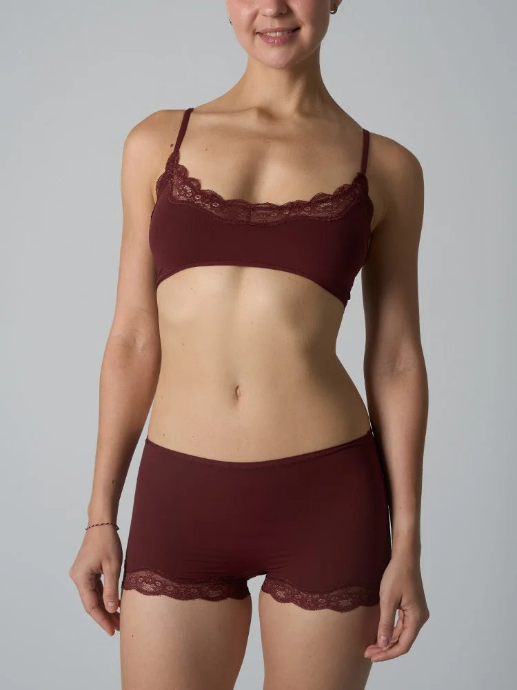 Europe American Simple Pink Light Thin Lace Strap Tank Top Flat Corner Lace Underwear for Women Comfortable Stretchy Short Sets