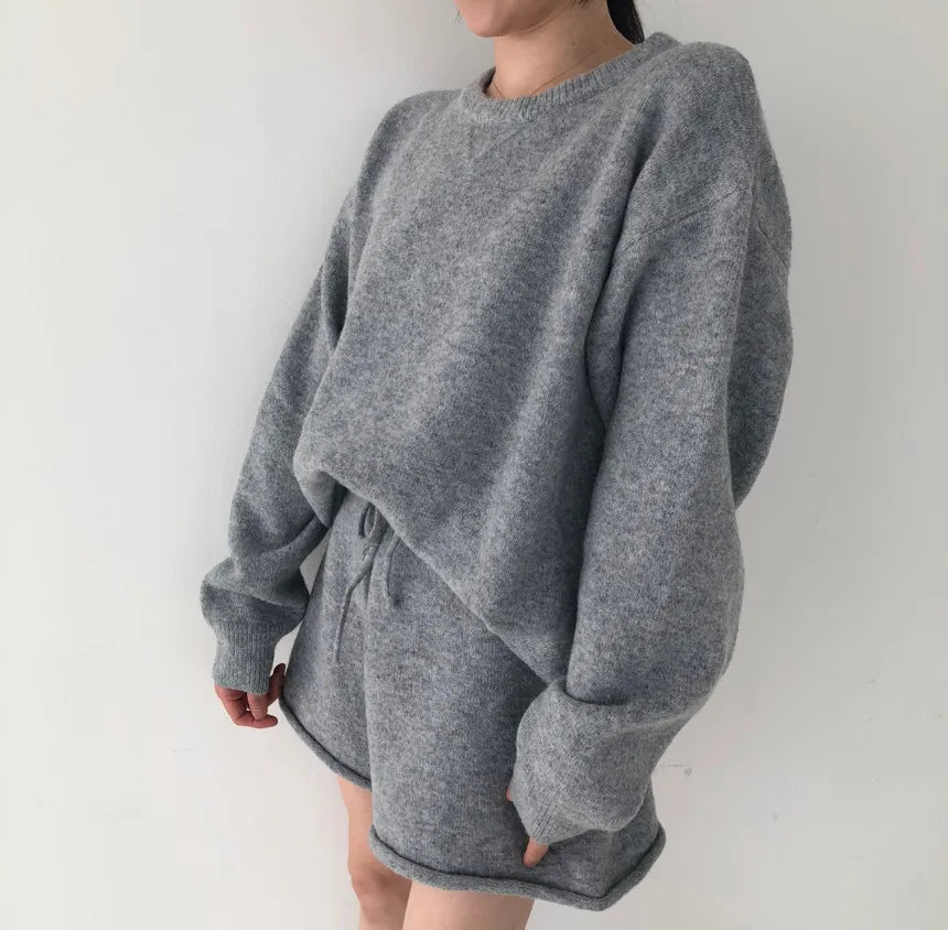 Korean Style Sweater Two 2 Piece Set Women Vintage Autumn Winter Pullover Knitted Tops + Casual Shorts 2 Piece Outfits Female