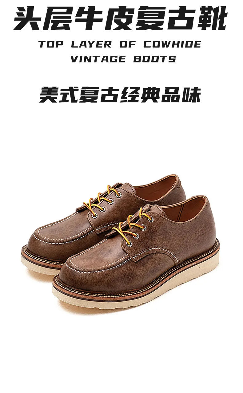 KOWM cow leather Hiking shoes Brown trekkin boots men  low cut workwear big toe shoes trendy casual ankle shoes walking sneakers
