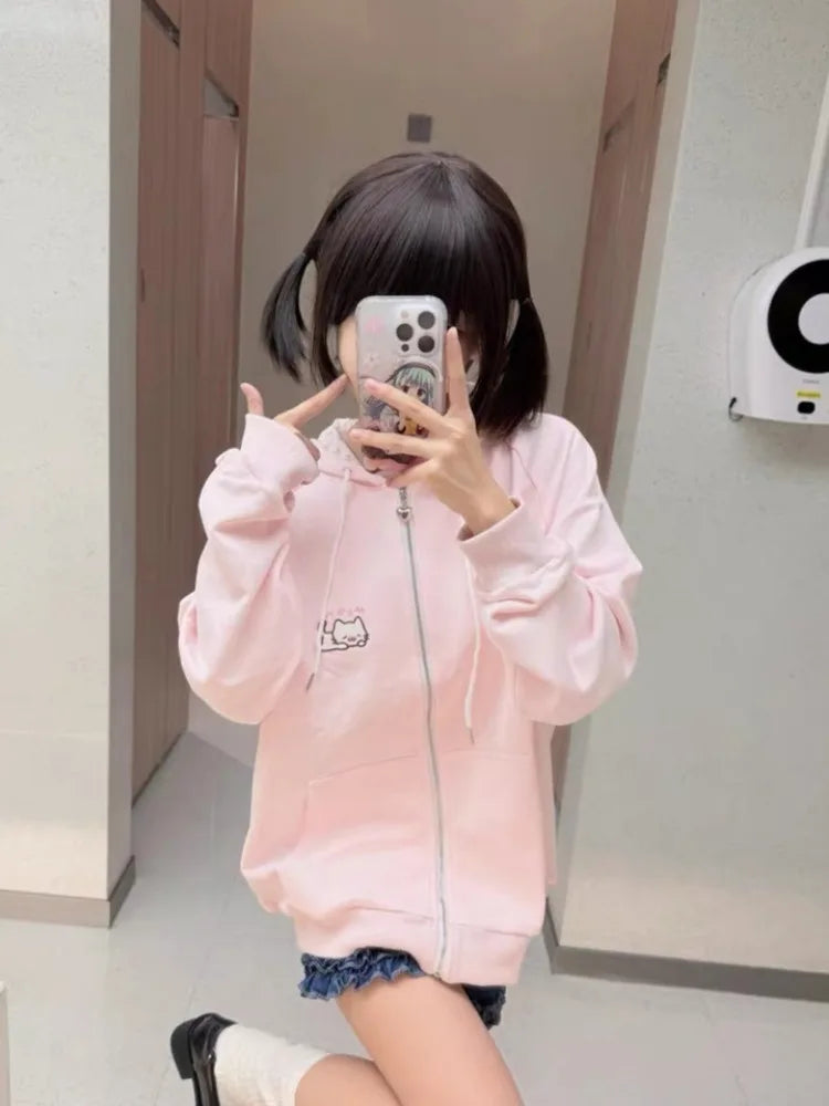 Women's Pink Embroidered Zip-Up Hoodie