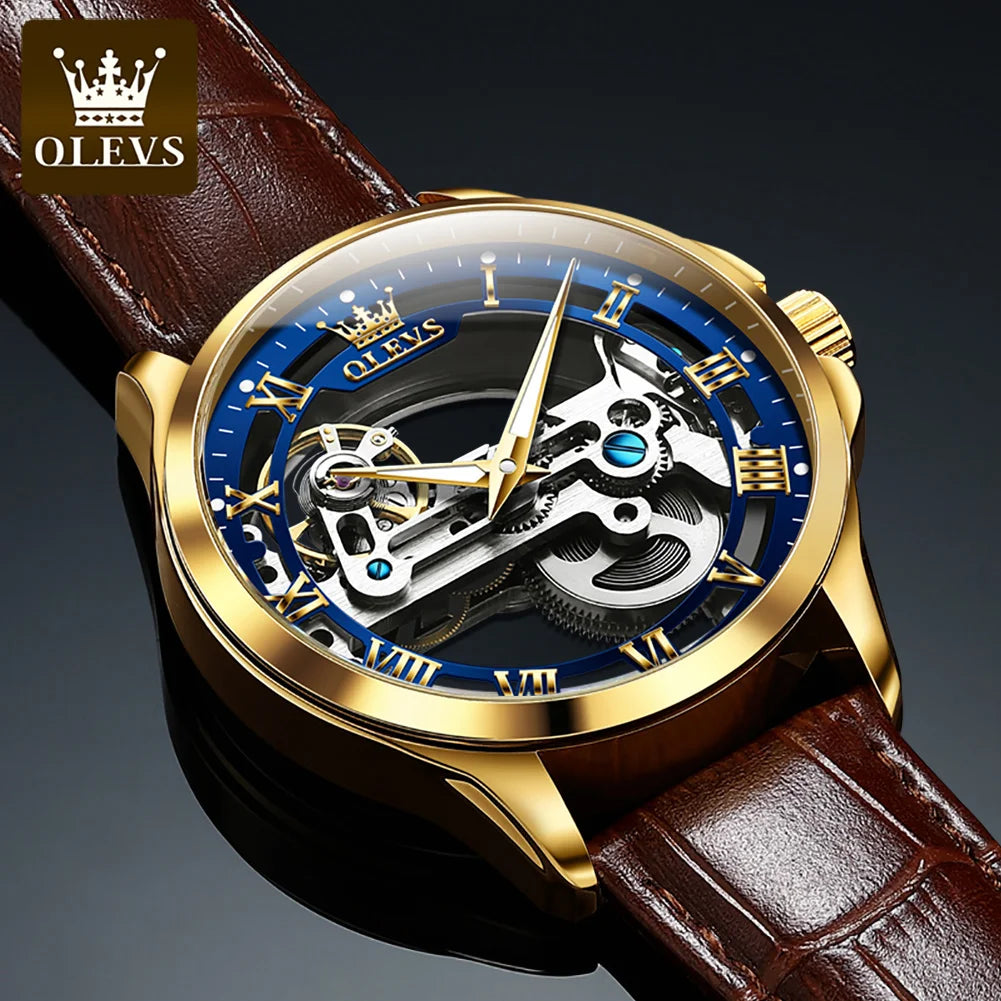 OLEVS 6661 Automatic Mechanical Man Watch Full Transparant Skeleton Flywheel Leather Strap Luxury Brand Original Mens Wristwatch