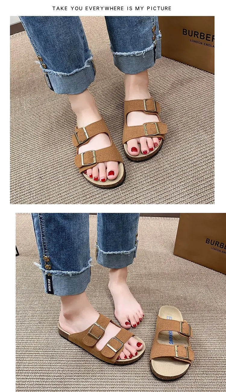 Evshine Leather Cork Footed Clogs Sandals For Women Fashion Flat Mules Slippers with Arch Support Men Double Buckle Cork Slides