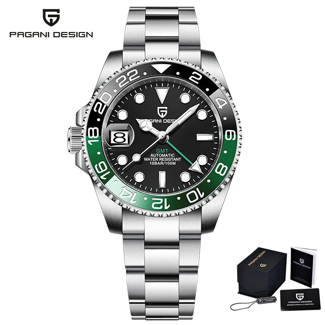 PAGANI DESIGN GMT Automatic Watch — Sapphire Crystal, 10-Bar Waterproof, 40mm