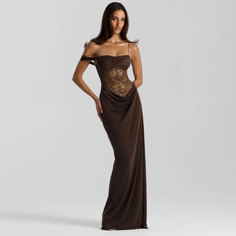 One-Shoulder Lace Gown – Sleeveless Backless Maxi Club Dress