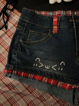 Women's Y2K Red Plaid Low-Rise Denim Shorts – Diamond-Encrusted Retro Design