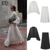 ETJ Women's Polka Dot Blouse Skirt Set 2026 Spring High Neck Batwing Sleeve Sheer Front Tie Bow Midi A-Line Dress Set