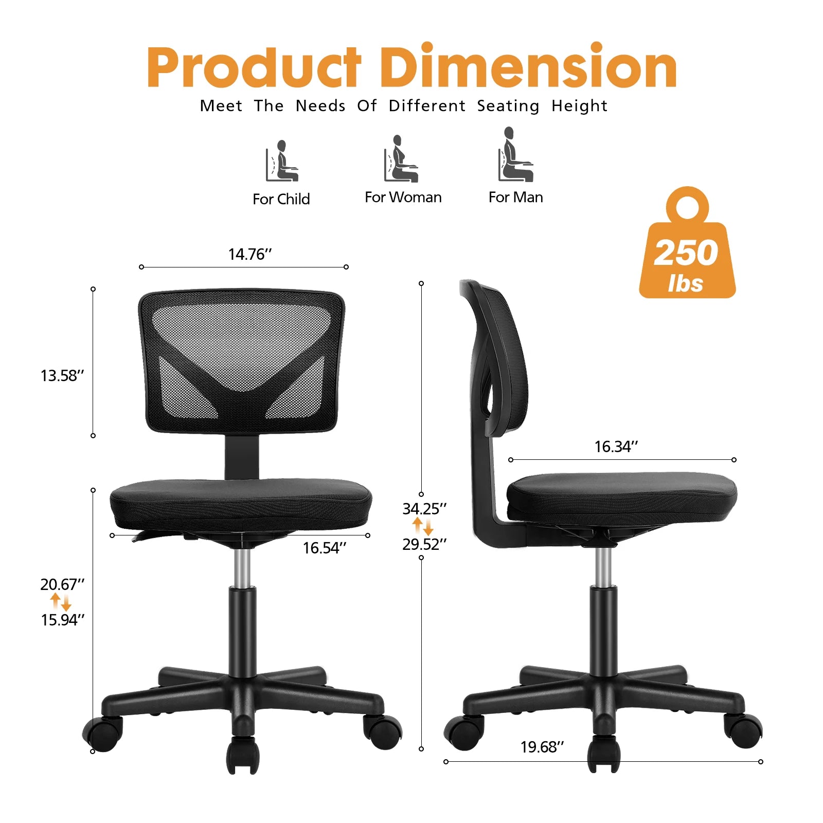 JHK Armless Mesh Office Chair | Lumbar Support & 360° Swivel