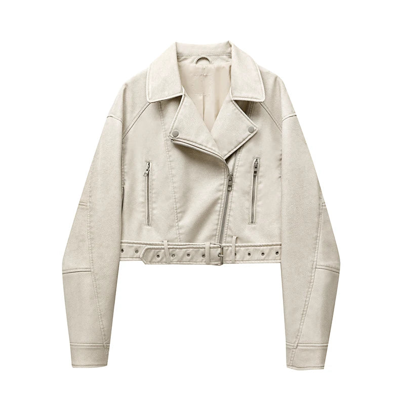 2025New Coal graysty le Women's washed leather jacket with belt, short coat with downgraded zipper and vintage lapel jacket