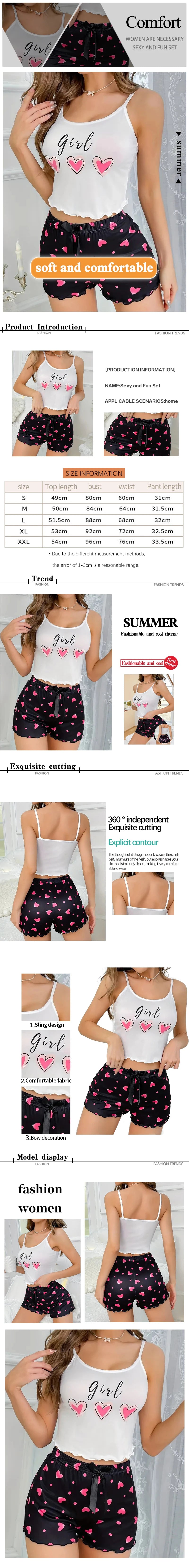 Pink Heart Print Camisole Pajama Set
