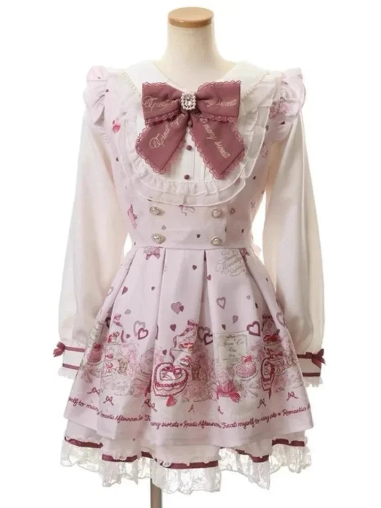 Japanese Y2K Aesthetics Vintage Bow Dress Shorts Set Women Gothic Lolita Style Long Sleeve Shirt Dress Elegant Party Dress Suits