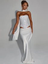 Mozision Sequins Sexy Dress Set Women Sparkle Scarf Collar Crop Tops And Maxi Skirt Elegant Club Party Satin Skirt Matching Set