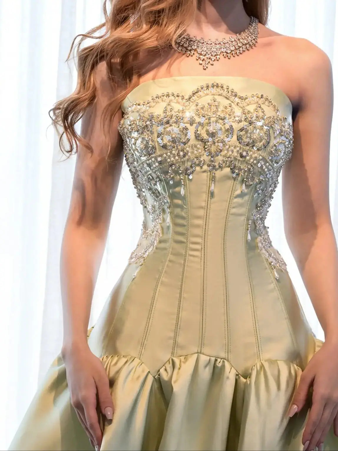 Champagne Gold Strapless Mermaid Evening Gown – Beaded Corset