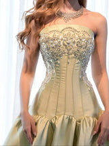 Champagne Gold Strapless Mermaid Evening Gown – Beaded Corset