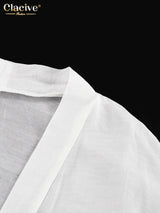 Clacive Casual Loose White 2 Piece Sets Women Outfit 2025 Elegant Long Sleeve Robes With Mid Waist Shorts Set Female Clothing