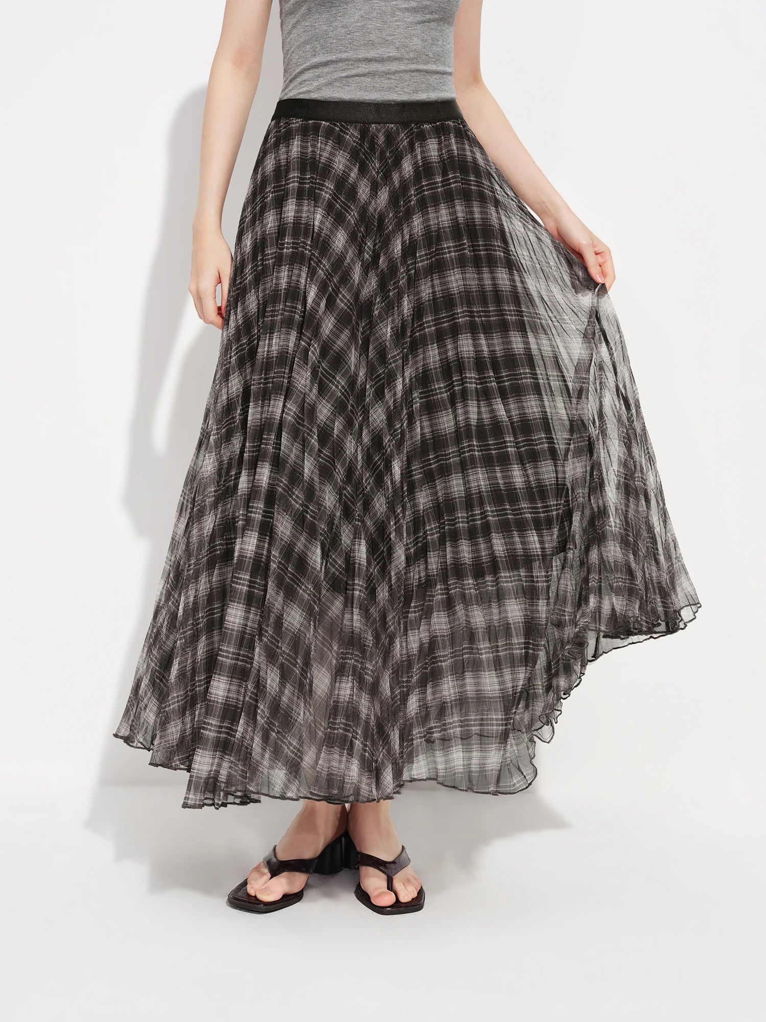 FSLE Retro Plaid Mesh A-line Skirt for Women New Spring Style for 2026 Flowing Draped Skirt Ankle-length Streetwear Citywalk Ins