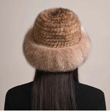 Genuine Knitted Mink Fur Hat with Fox Fur Brim