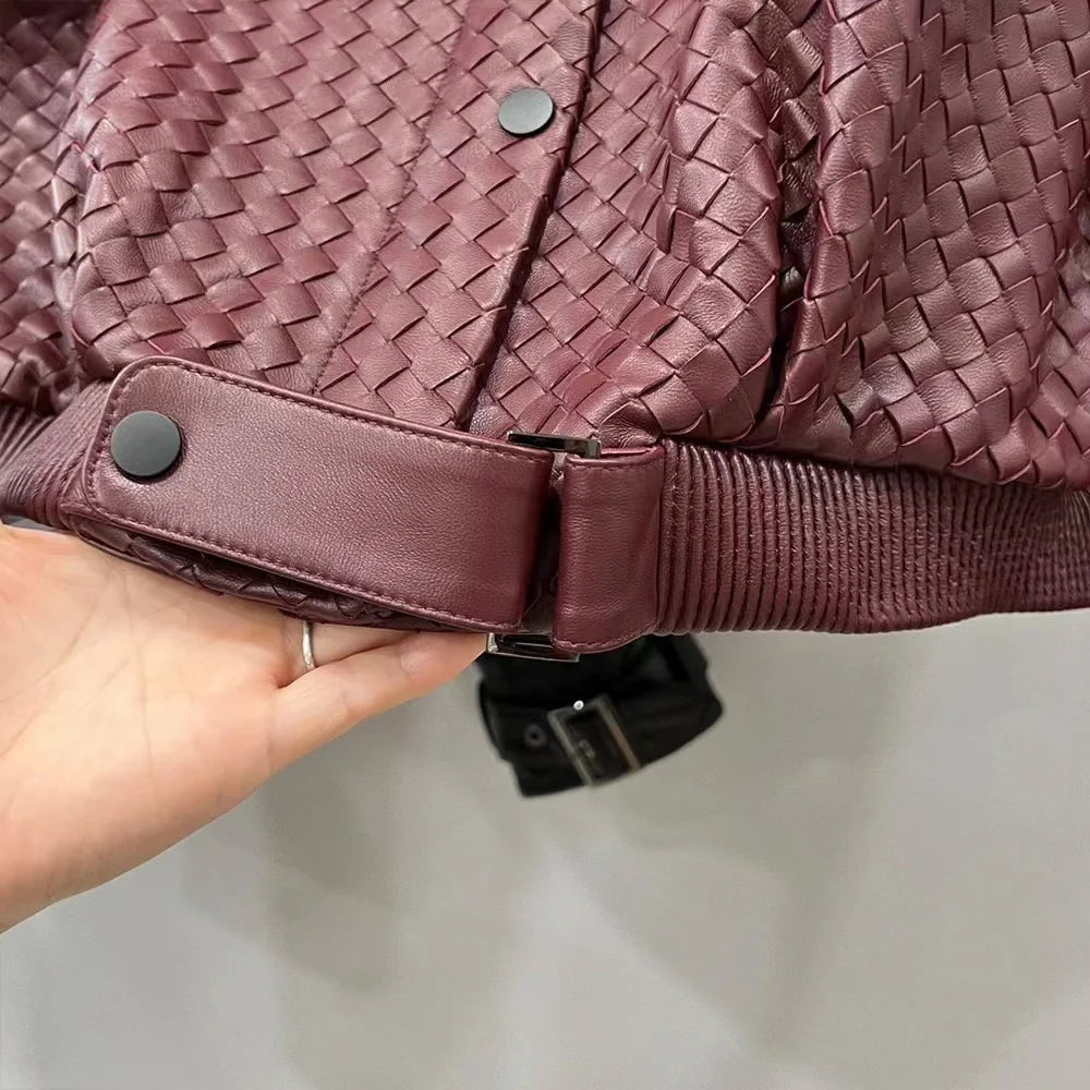Natural Sheepskin Coat Women Autumn European and American Fashion Short Motorcycle Casual High Quality Hand-Woven Leather Jacket