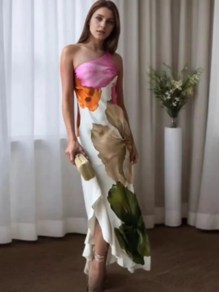 Floral One-Shoulder Slim-Fit Maxi Dress