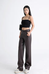 Women's High Waist Faux Leather Wide Leg Fleece Pants