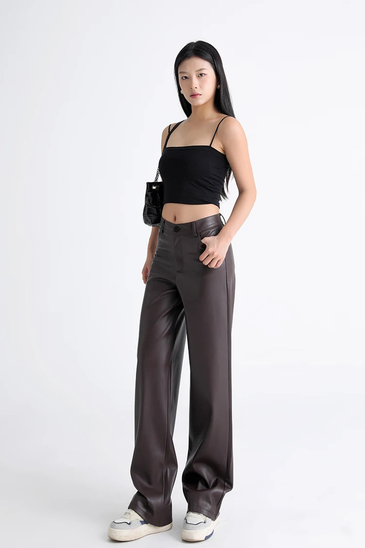 Women's High Waist Faux Leather Wide Leg Fleece Pants