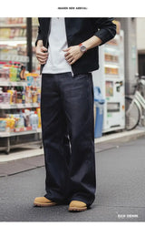 Maden Vintage Men's 15.6oz Selvedge Raw Denim Jeans Wide Leg Trousers with YKK Zipper Fly Straight Fit Jeans for Fall and Winter