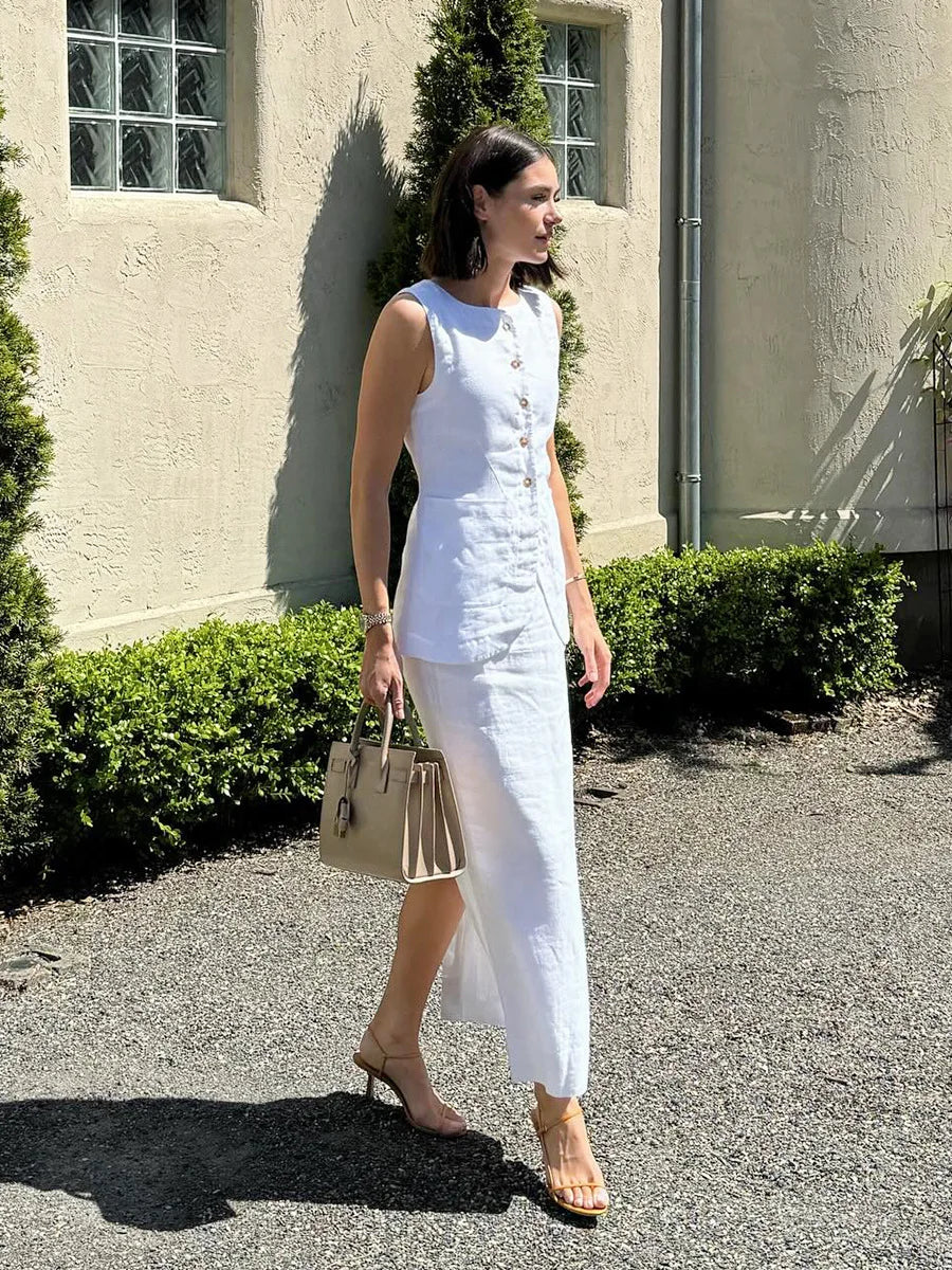 Bornladies Women's Sleeveless Vest High Waisted Skirt Set Spring Summer New Linen Casual Suit Fashion Office Lady Vest Set