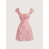 Floral Summer A-Line Dress – Ruffled Square Neck Backless Party Mini
